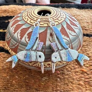 ❤️ Signed Zuni Opal Inlay Native American Sterling Hummingbird Earrings 9.2Gm
